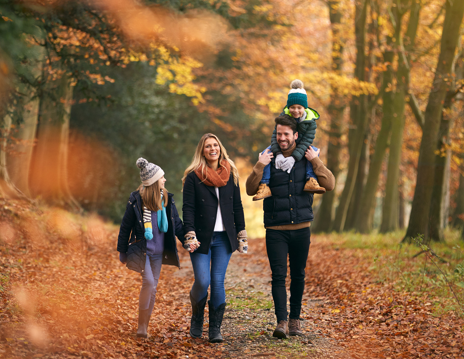A family walking on a forest path in the Fall