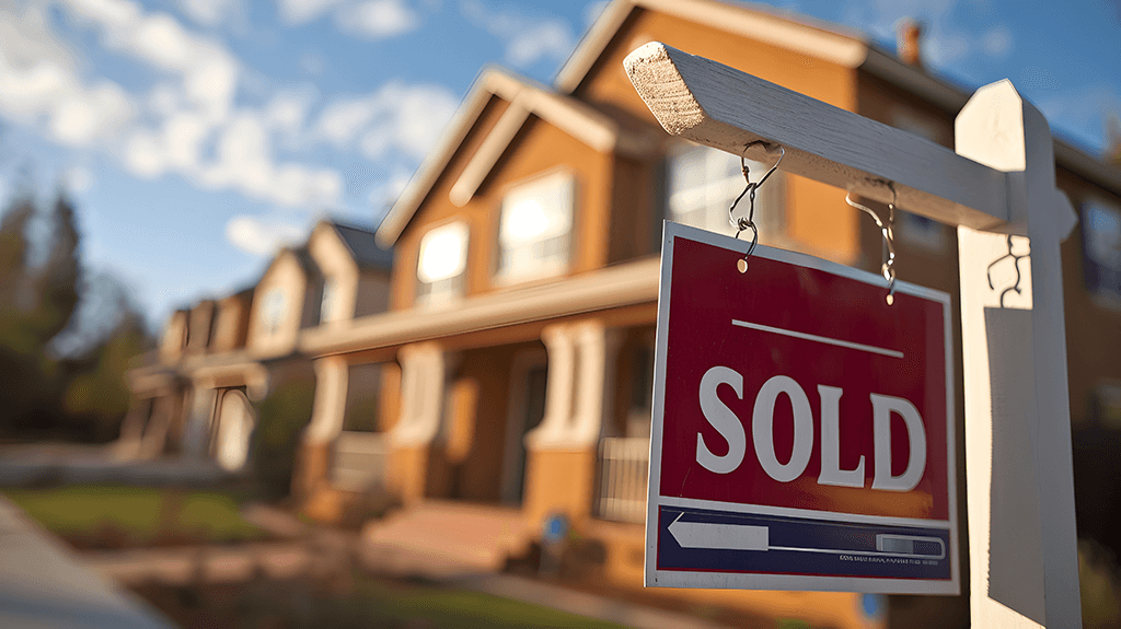 A sold sign outside of a new home.